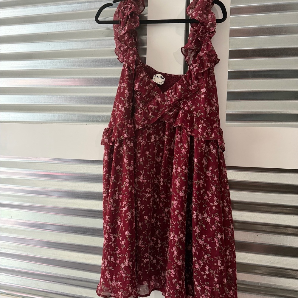 ARULA Burgundy Floral Ruffle Sundress